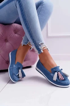 Mokasyny Damskie Skórzane Zamszowe Z Frędzlami Niebieskie Batist