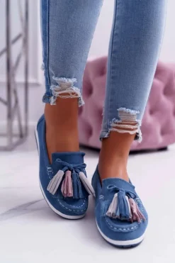 Mokasyny Damskie Skórzane Zamszowe Z Frędzlami Niebieskie Batist