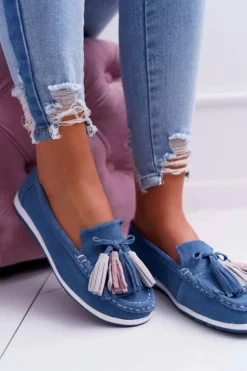 Mokasyny Damskie Skórzane Zamszowe Z Frędzlami Niebieskie Batist