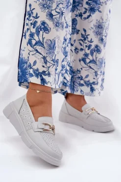 Mokasyny Damskie Skórzane Ze Złotym Detalem Vinceza 88007 Jasnoszare