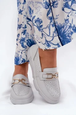 Mokasyny Damskie Skórzane Ze Złotym Detalem Vinceza 88007 Jasnoszare