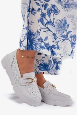 Mokasyny Damskie Skórzane Ze Złotym Detalem Vinceza 88007 Jasnoszare