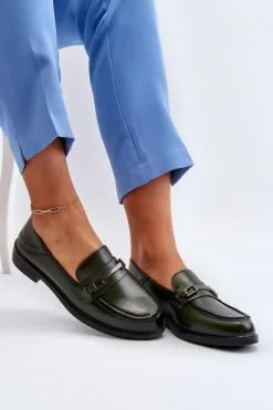 Mokasyny Damskie Skórzane Ciemnozielone Nurea