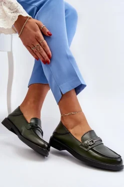 Mokasyny Damskie Skórzane Ciemnozielone Nurea