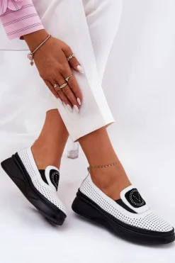 Mokasyny Damskie Skórzane Na Platformie I Koturnie Vinceza 79522 Białe