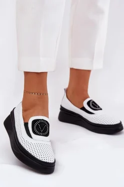 Mokasyny Damskie Skórzane Na Platformie I Koturnie Vinceza 79522 Białe