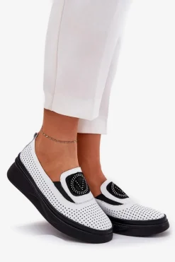 Mokasyny Damskie Skórzane Na Platformie I Koturnie Vinceza 79522 Białe