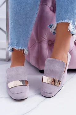 Mokasyny Damskie Szare Z Blaszką Złote Lordsy Lu Boo Harlem