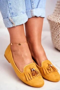 Mokasyny Damskie Żółte Lordsy Frędzle Therese