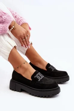 Mokasyny Damskie Z Łańcuchem Czarne Mevre
