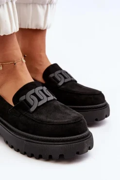 Mokasyny Damskie Z Łańcuchem Czarne Mevre