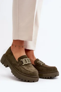 Mokasyny Damskie Z Łańcuchem Ciemnozielone Mevre