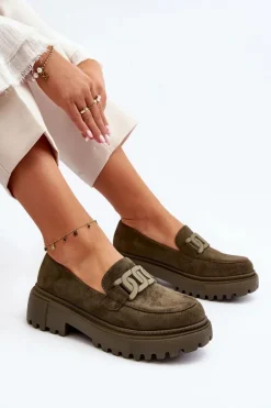 Mokasyny Damskie Z Łańcuchem Ciemnozielone Mevre