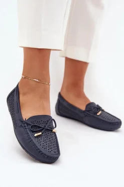 Mokasyny Damskie Z Ażurowym Wzorem I Wiązaniem Granatowe Mirisa