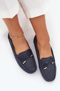 Mokasyny Damskie Z Ażurowym Wzorem I Wiązaniem Granatowe Mirisa