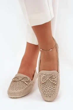 Mokasyny Damskie Z Ażurowym Wzorem I Wiązaniem Beżowe Mirisa