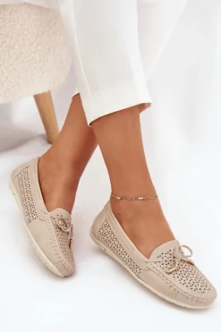 Mokasyny Damskie Z Ażurowym Wzorem I Wiązaniem Beżowe Mirisa