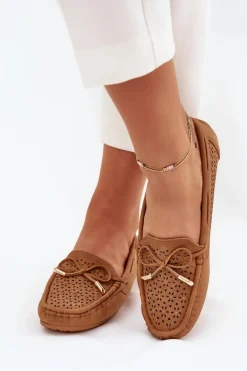 Mokasyny Damskie Z Ażurowym Wzorem I Wiązaniem Camel Mirisa