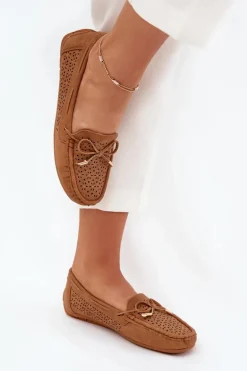 Mokasyny Damskie Z Ażurowym Wzorem I Wiązaniem Camel Mirisa