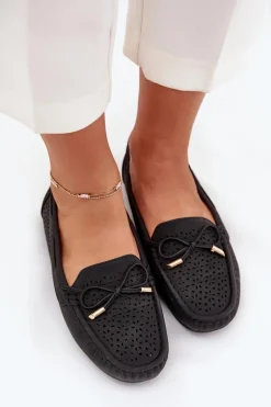 Mokasyny Damskie Z Ażurowym Wzorem I Wiązaniem Czarne Mirisa