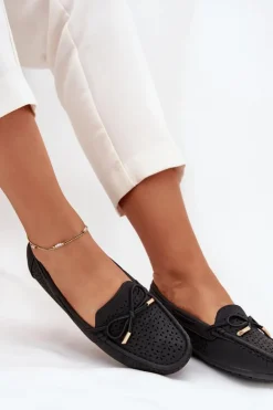Mokasyny Damskie Z Ażurowym Wzorem I Wiązaniem Czarne Mirisa