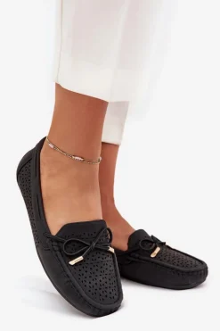 Mokasyny Damskie Z Ażurowym Wzorem I Wiązaniem Czarne Mirisa