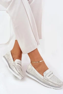 Mokasyny Damskie Z Eko Skóry Srebrne Bralithia