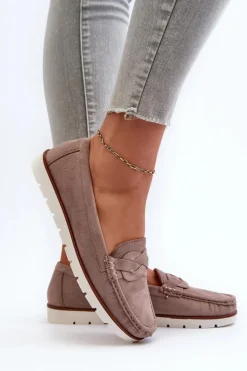 Mokasyny Damskie Z Eko Zamszu Ciemnobeżowe Nestalia