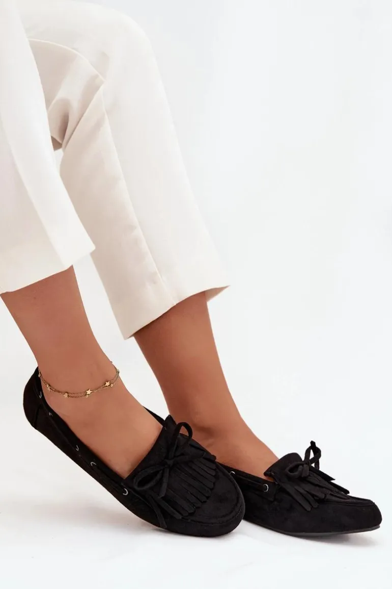 Mokasyny Damskie Z Frędzlami I Kokardką Czarne Olivianne