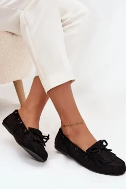 Mokasyny Damskie Z Frędzlami I Kokardką Czarne Olivianne