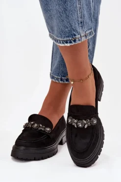 Mokasyny Damskie Z Kryształkami Eko Zamszowe Czarne Lavisse