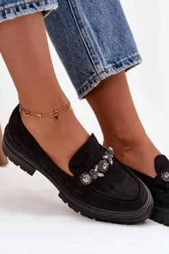 Mokasyny Damskie Z Kryształkami Eko Zamszowe Czarne Lavisse