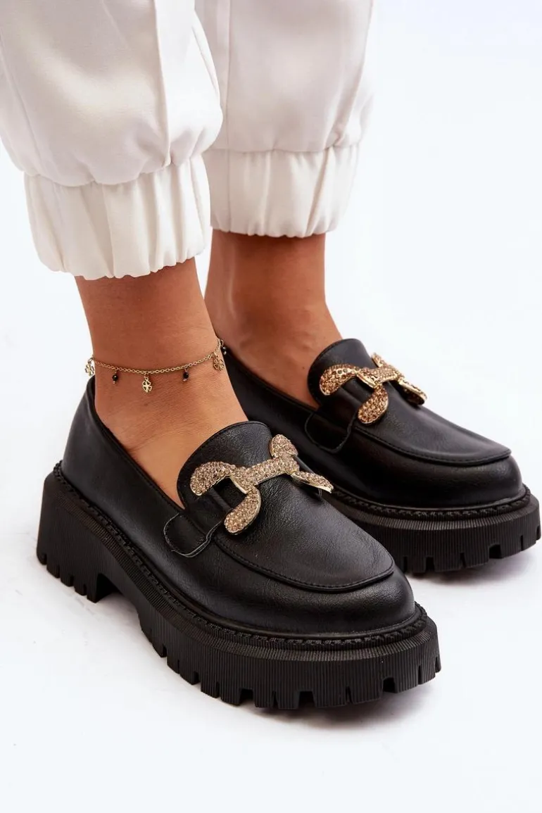 Mokasyny Damskie Z Ozdobą Czarne Gargi
