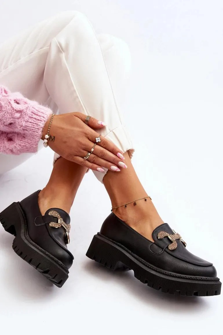 Mokasyny Damskie Z Ozdobą Czarne Gargi