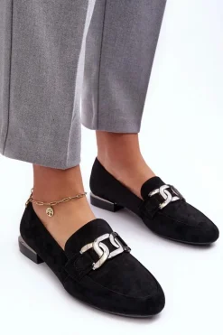 Mokasyny Damskie Z Ozdobą Czarne Camilena - Zamsz