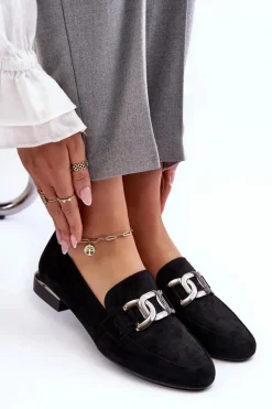 Mokasyny Damskie Z Ozdobą Czarne Camilena - Zamsz