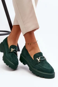 Mokasyny Damskie Z Ozdobą Ciemnozielone Omavia