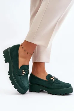 Mokasyny Damskie Z Ozdobą Ciemnozielone Omavia