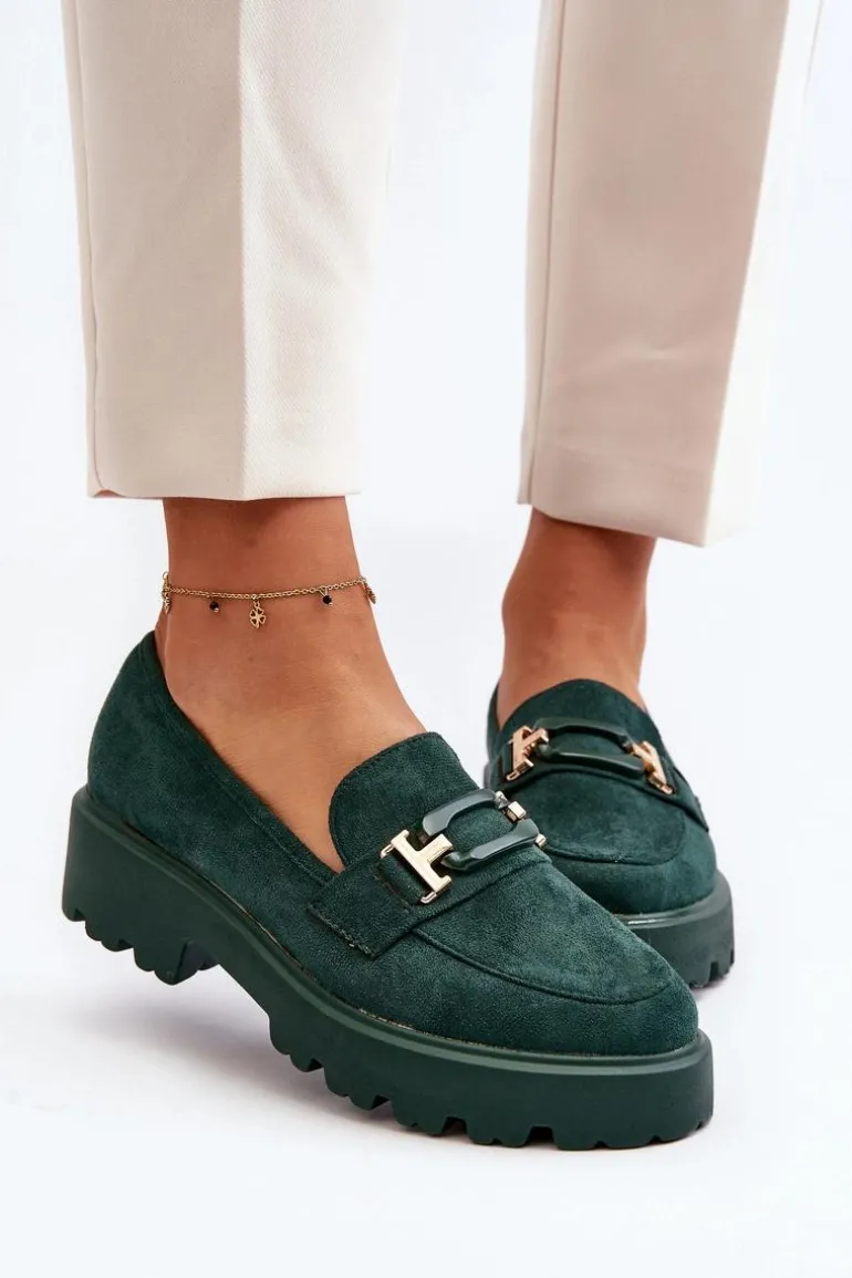 Mokasyny Damskie Z Ozdobą Ciemnozielone Omavia