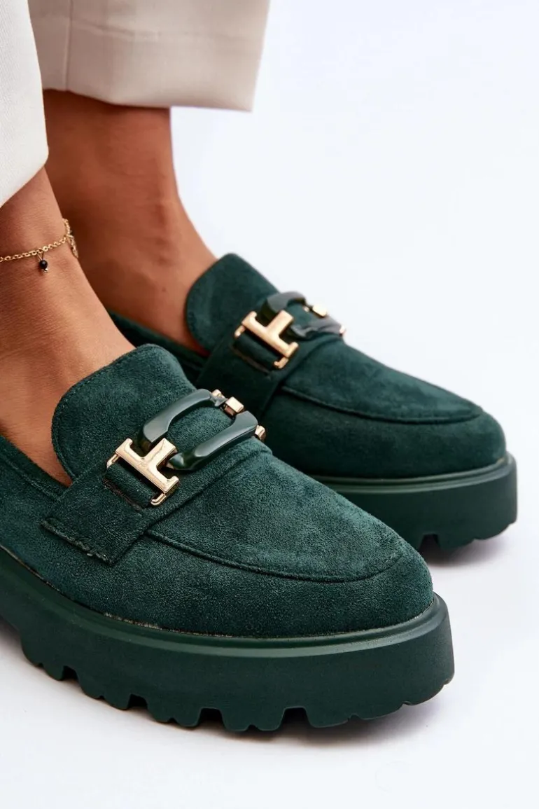 Mokasyny Damskie Z Ozdobą Ciemnozielone Omavia