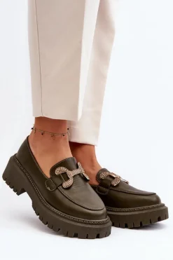 Mokasyny Damskie Z Ozdobą Ciemnozielone Gargi