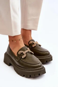 Mokasyny Damskie Z Ozdobą Ciemnozielone Gargi