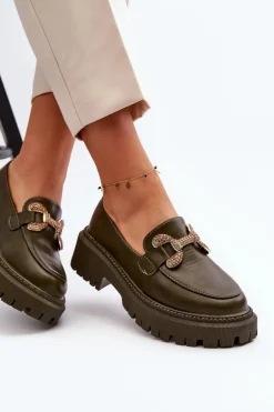 Mokasyny Damskie Z Ozdobą Ciemnozielone Gargi