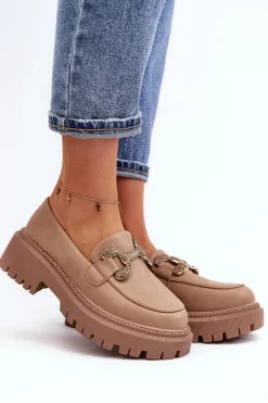 Mokasyny Damskie Z Ozdobą Ciemnobeżowe Gargi