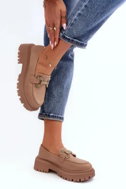 Mokasyny Damskie Z Ozdobą Ciemnobeżowe Gargi