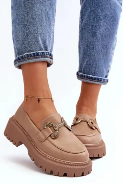 Mokasyny Damskie Z Ozdobą Ciemnobeżowe Gargi