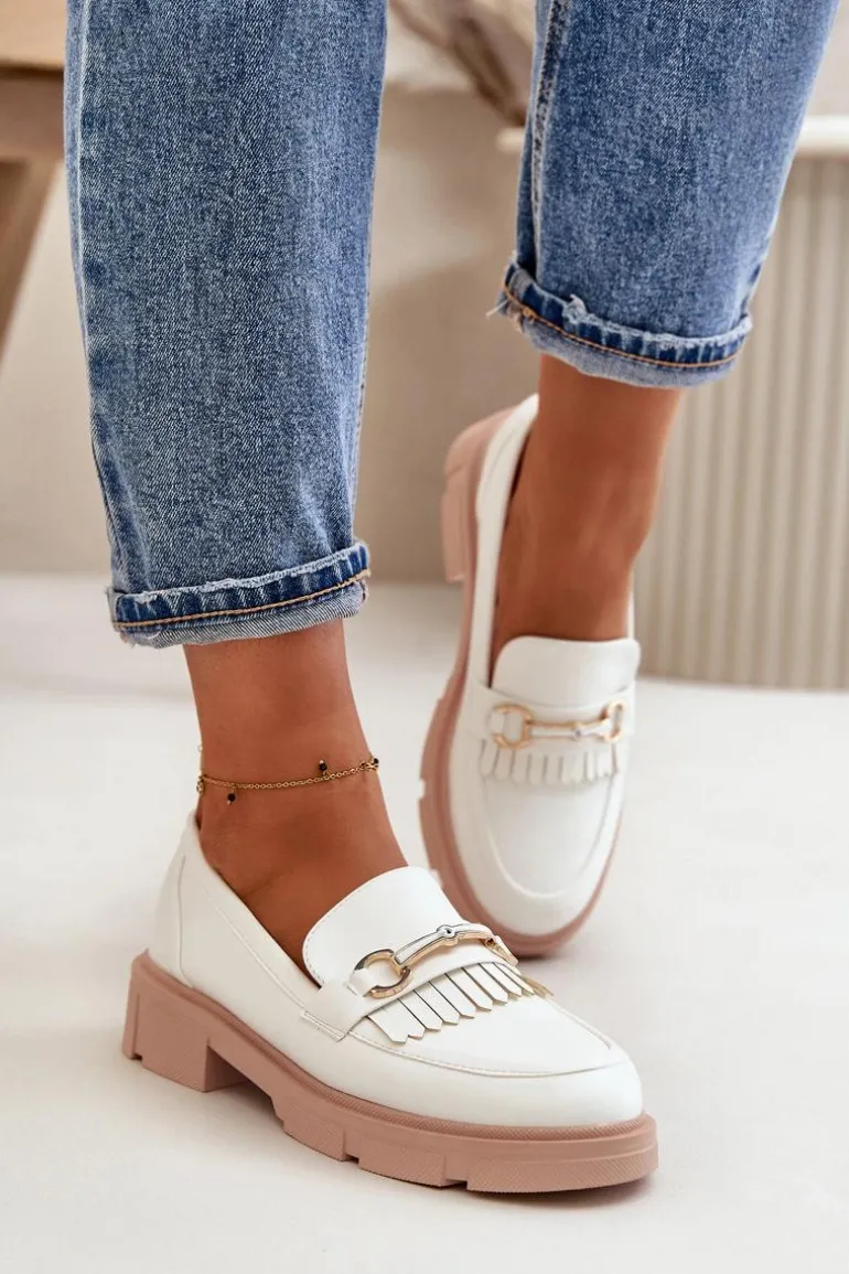 Mokasyny Damskie Z Ozdobą Eko Skórzane Białe Tialorae