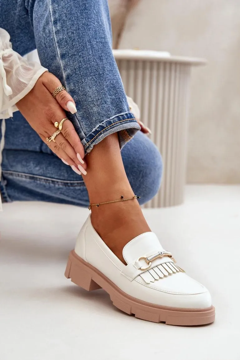 Mokasyny Damskie Z Ozdobą Eko Skórzane Białe Tialorae