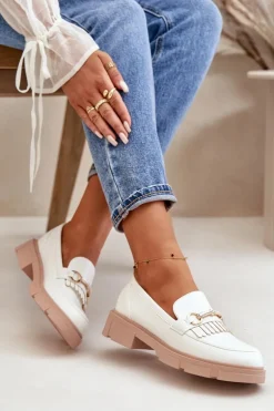 Mokasyny Damskie Z Ozdobą Eko Skórzane Białe Tialorae