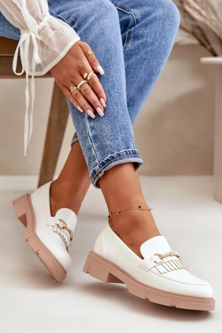 Mokasyny Damskie Z Ozdobą Eko Skórzane Białe Tialorae